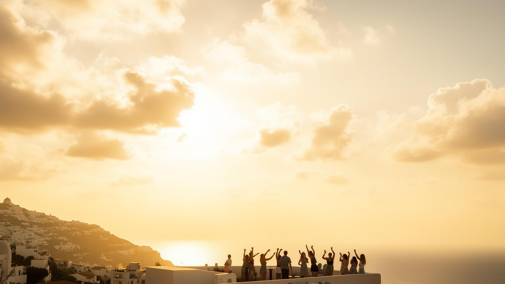 Friends laughing together on a sunlit terrace at golden hour